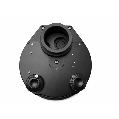 Black matte phase contrast microscope condenser adapter with textured knobs and silver screws for medical equipment use