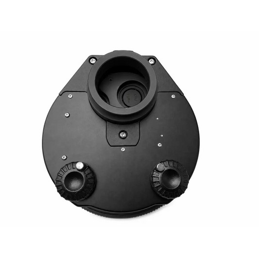 Black matte phase contrast microscope condenser adapter with textured knobs and silver screws for medical equipment use