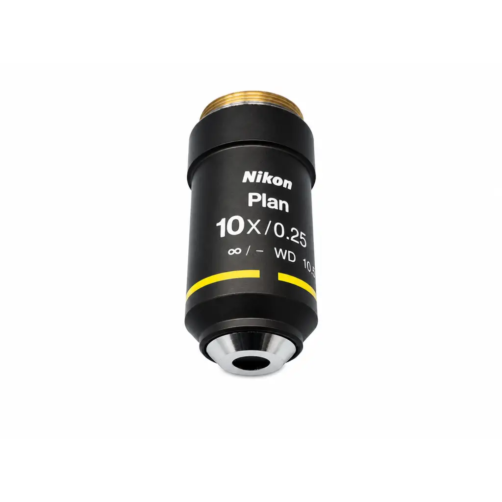Nikon plan 10x microscope objective lens with black body, gold threaded top, and silver front for medical equipment use