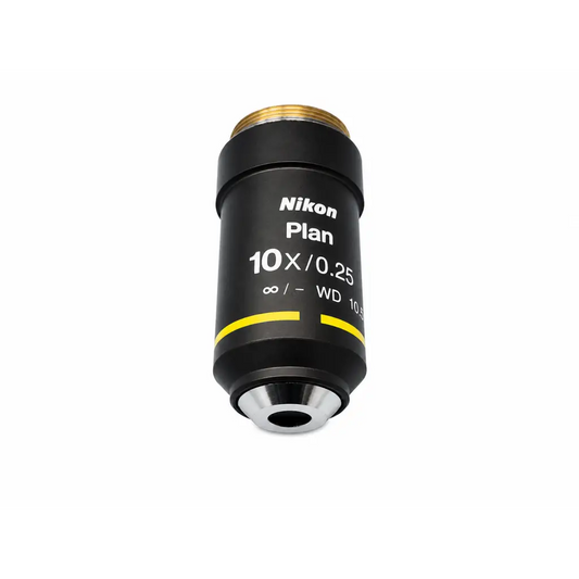 Nikon plan 10x microscope objective lens with black body, gold threaded top, and silver front for medical equipment use