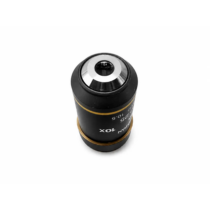 Black Nikon plan 10x microscope objective lens with silver ring and gold bands for medical equipment use