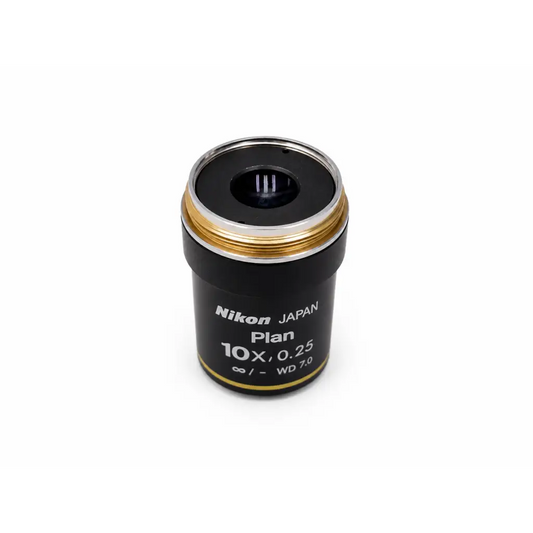Black nikon plan 10x microscope objective lens with gold accents and silver ring for medical equipment