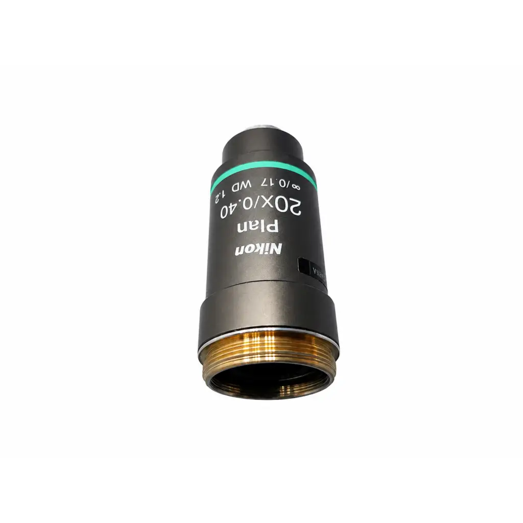 Nikon Plan 20x microscope objective with black body, green ring, and gold threaded mount biomed certified