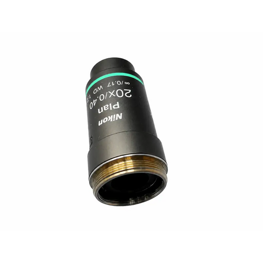 Black nikon plan 20x microscope objective with green ring and gold threaded mount