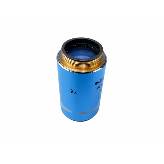 Blue Nikon plan 2x microscope objective with gold threaded mount and black rubber seal for medical equipment use