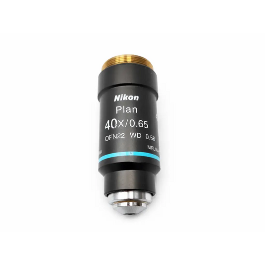Nikon plan 40x/0.65 microscope objective lens with black body gold threaded top and silver base for medical equipment use