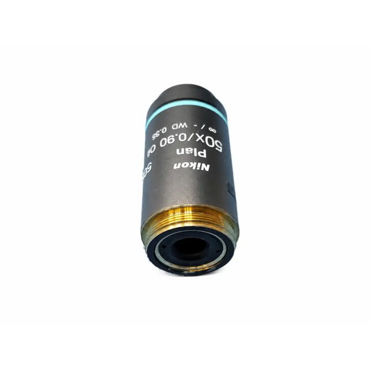 Nikon plan 50x 0.90 oil immersion microscope objective with matte black body and gold threaded mount for medical equipment