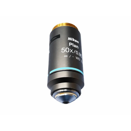 Nikon plan 50x 0.90 oil microscope objective lens with black body gold threaded top and teal accent ring for medical equipment