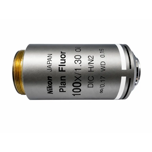 Nikon plan fluor 100x microscope objective with metallic silver body and gold threaded mount for biomed use