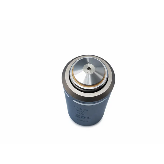 Gray cylindrical microscope objective with metallic silver top and engraved markings nikon plan fluor 100x oil dic