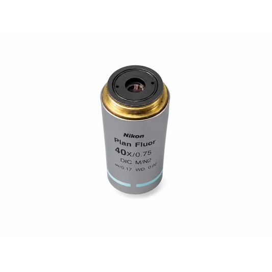 Nikon plan fluor 40x microscope objective with metallic silver body and gold-colored threaded mount
