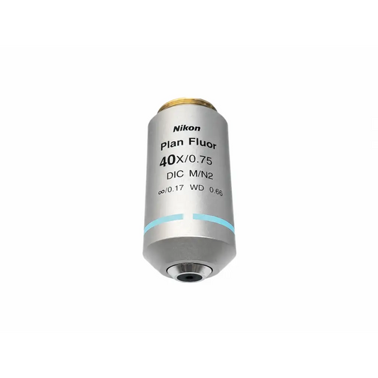 Silver Nikon plan fluor 40x/0.75 dic microscope objective with gold top and light blue accent for biomedical use