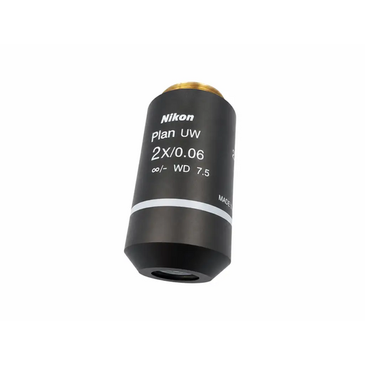 Black Nikon Plan microscope objective lens with gold threaded top, infinity focus, and 7.5 mm working distance for medical equipment
