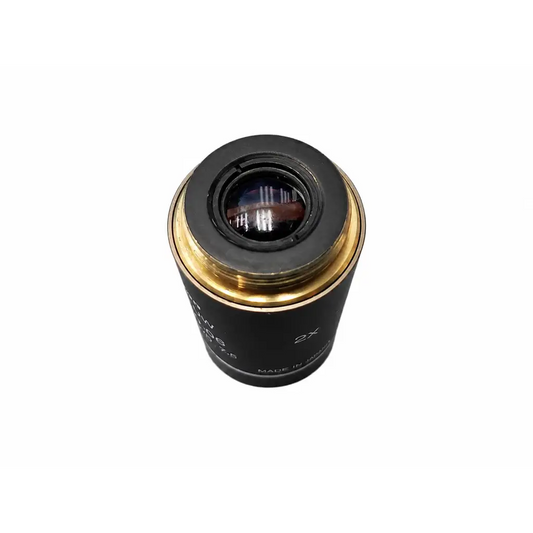 Nikon plan microscope objective 2x black and gold metal lens for medical equipment use