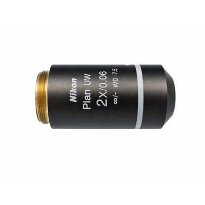 Black Nikon Plan UV 2X/0.06 microscope objective with gold threaded mount and silver text for medical equipment use