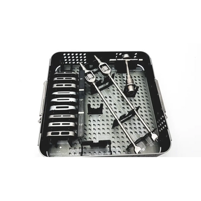 Black metal nuvasive xlw instrument tray 6900022 with organized compartments holding surgical tools