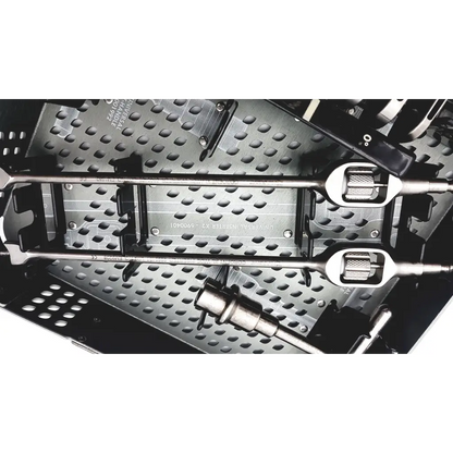 Silver surgical instrument with textured grip and metallic shaft for precision medical use in nuvasive xlw instrument tray