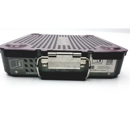 Black and purple plastic Nuvasive XLW instrument tray with a silver metal clasp for secure medical instrument storage