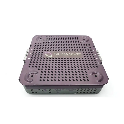 Purple perforated metal nuvasive xlw instrument tray designed for surgical instrument organization and sterilization