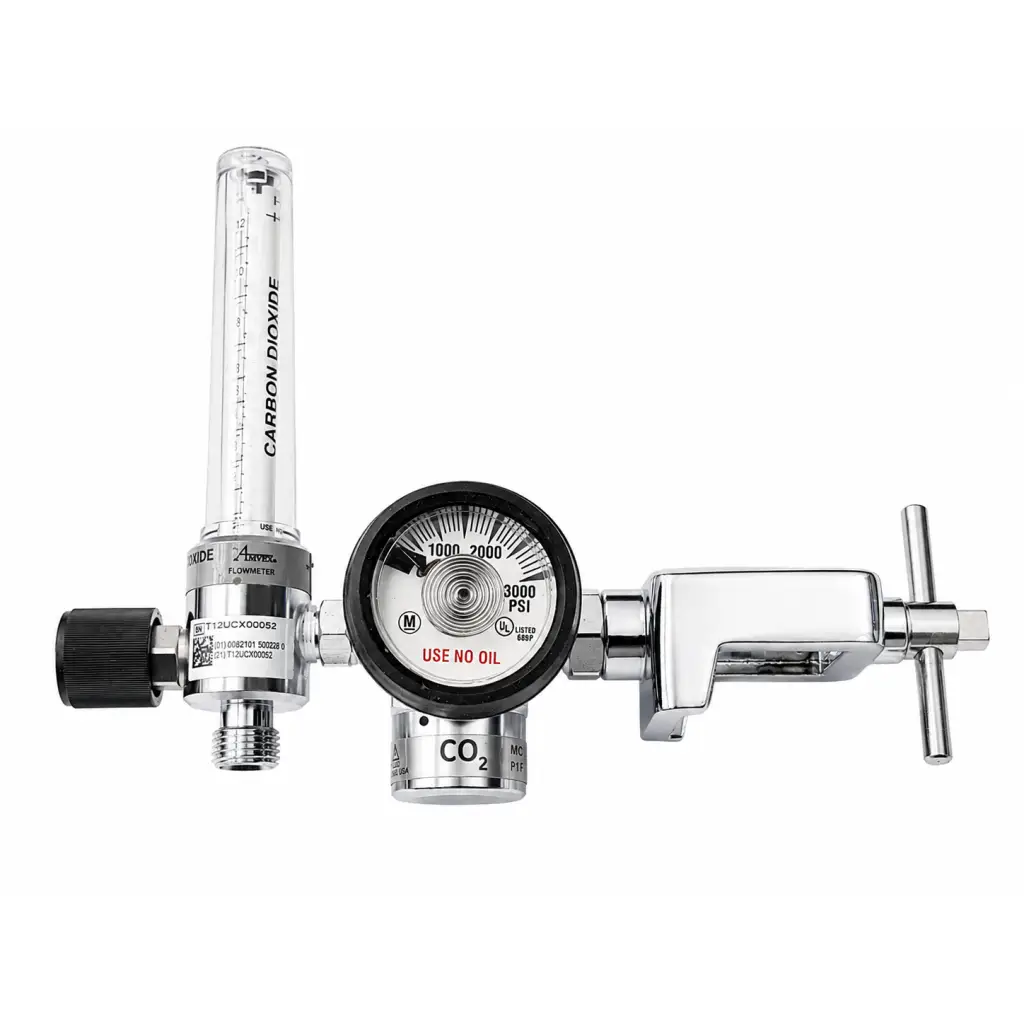 Ohio Medical chrome carbon dioxide flowmeter regulator with clear flow meter and pressure gauge up to 3000 psi