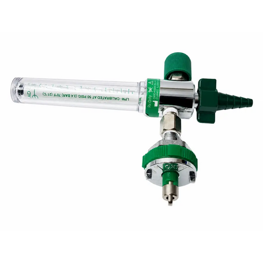 ohio medical oxygen flowmeter regulator with green and silver body and clear calibrated glass tube