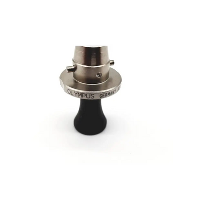 Silver metallic olympus a0410 standard lens mount adapter with black rubberized base for surgical use