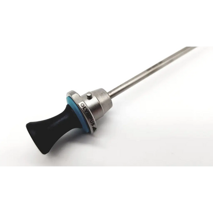 Silver surgical instrument olympus a20902a obturator with black rubberized handle and blue accent ring