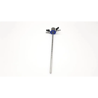 Silver surgical instrument with blue circular handle black knobs and measurement shaft olympus a20933a obturator