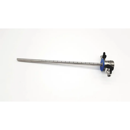 Silver surgical instrument with a long metallic shaft and blue handle with black knobs for olympus a20933a obturator