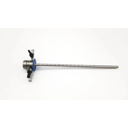 Silver surgical instrument with notched shaft and blue handle featuring two black knobs for olympus a20933a obturator