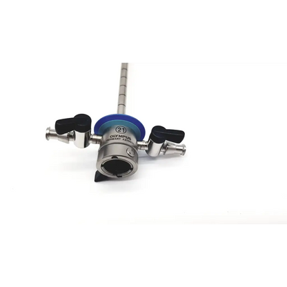 Silver-colored olympus a20933a obturator with black handles and blue circular ring near the top for endoscope use