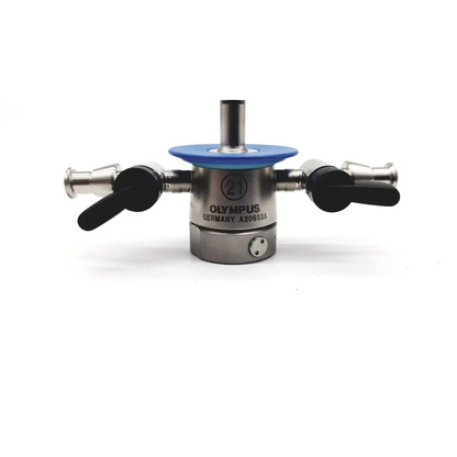Silver metallic olympus a20933a obturator with black handles and blue circular top for medical use