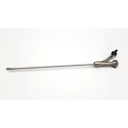 Silver surgical instrument with a long slender shaft and hexagonal handle with black grips for olympus a20975a urethroscope bridge