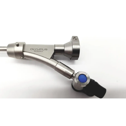Silver metallic olympus a20975a urethroscope bridge with blue circular button and black plastic component