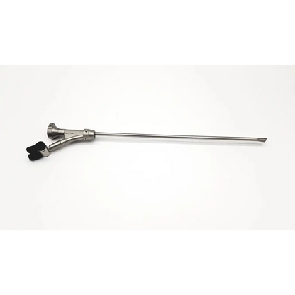 Silver surgical instrument with black ergonomic handle and articulated joint of olympus a20975a urethroscope bridge