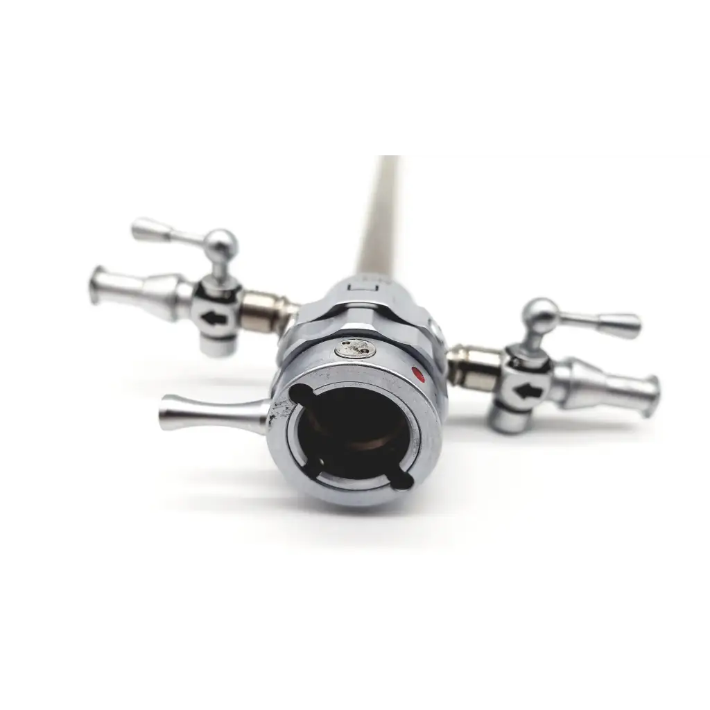 Silver-colored metallic olympus a2181 27fr resectoscope urology with three adjustable control knobs on housing panel