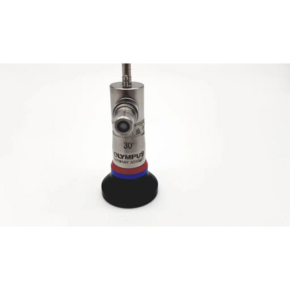 Silver olympus a22002a 4mm 30 degree autoclavable cystoscope with black rubber base and red blue accent rings