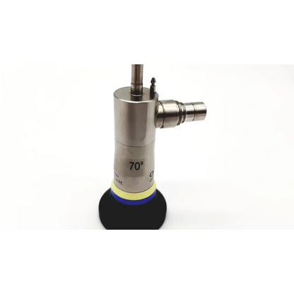 Silver surgical instrument with 70-degree angled tip, black base, and yellow-blue ring accent from olympus a22003a 4mm autoclave