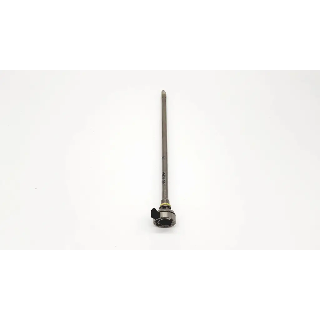 Silver-colored metal olympus a22040a hysteroscopic resection instrument with slender shaft and black plastic handle