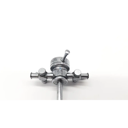 Silver surgical instrument with central shaft, three side ports, and adjustment knobs in olympus a2213 21fr cysto sheath