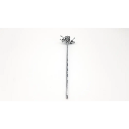 Silver surgical retractor with long slender shaft and dual handles in olympus a2214 dual valve cysto sheath 22.5fr