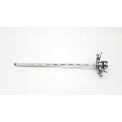 Silver surgical instrument with slender shaft and complex handle with knobs from olympus a2214 dual valve cysto sheath