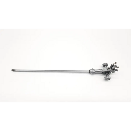 Silver surgical retractor with long slender metallic shaft and intricate handle featuring knobs in olympus a2279 double channel albarran