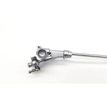 Silver-colored metal surgical instrument with long slender shaft and articulated head in olympus a2279 double channel albarran bridge