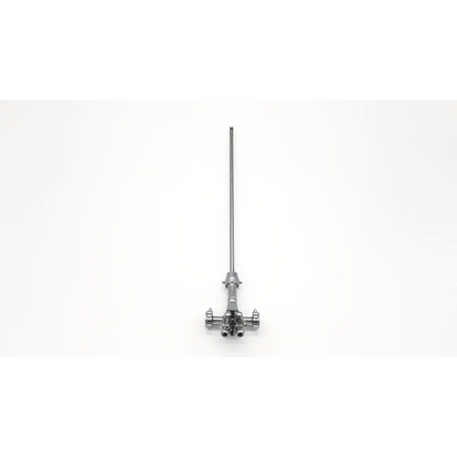 Silver surgical instrument with a long slender shaft and multi-jointed base featuring ports in olympus a2279 double channel albarran bridge