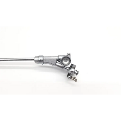 Silver-colored surgical endoscope with slender metallic shaft and articulated joints in olympus a2279 double channel albarran bridge