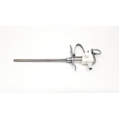 Silver surgical olympus a2754 urological instrument with long metallic shaft white plastic handle and adjustment knobs