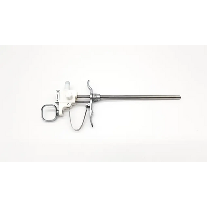 Stainless steel olympus a2754 urological instrument with white plastic handle and metal trigger mechanism