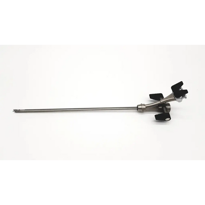 A sleek metallic surgical instrument with black ergonomic handles designed as an olympus a2972 dual channel deflector