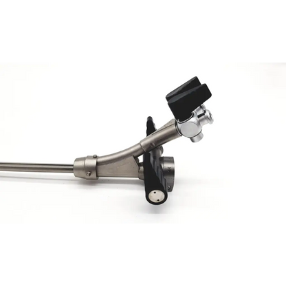 Silver surgical instrument with black ergonomic grips and curved metallic shaft in olympus a2972 dual channel deflector